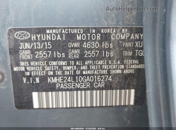 KMHE24L10GA016274 2016 HYUNDAI SONATA HYBRID Blue Vista del compartimento del motor