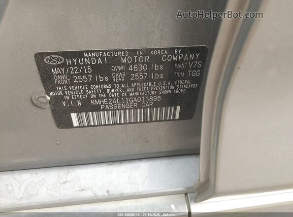 KMHE24L11GA013898 2016 HYUNDAI SONATA HYBRID Silver Widok komory silnika
