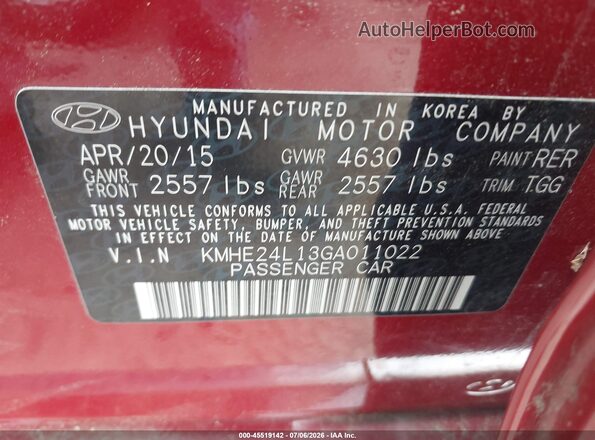 KMHE24L13GA011022 2016 HYUNDAI SONATA HYBRID Red Вид підкапотного простору