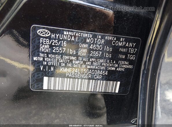 KMHE24L15GA038464 2016 HYUNDAI SONATA HYBRID Черный Вид подкапотного пространства