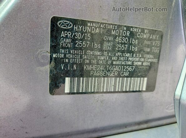 KMHE24L16GA012567 2016 HYUNDAI SONATA Серебряный Вид наклейки с VIN-кодом