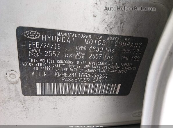 KMHE24L16GA038201 2016 HYUNDAI SONATA HYBRID Silver ძრავის განყოფილების ხედი