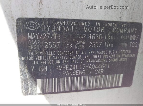 KMHE24L17HA044641 2017 HYUNDAI SONATA HYBRID White Vista del compartimento del motor