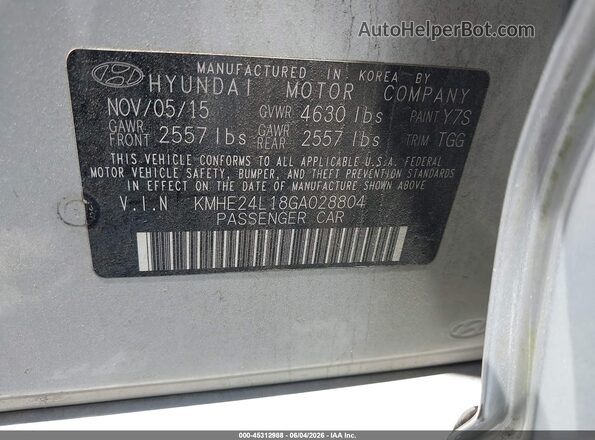 KMHE24L18GA028804 2016 HYUNDAI SONATA HYBRID Silver Вид підкапотного простору