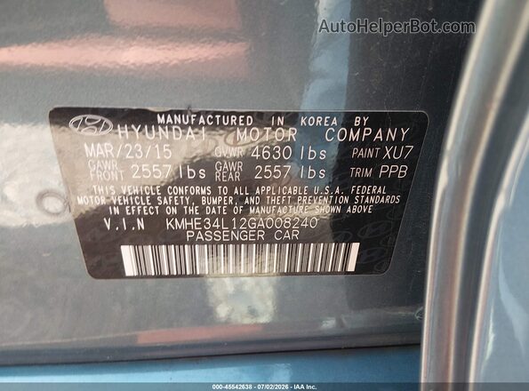 KMHE34L12GA008240 2016 HYUNDAI SONATA HYBRID Teal Շարժիչի բաժամունքի տեսք