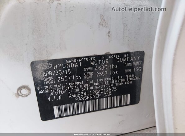 KMHE34L12GA012675 2016 HYUNDAI SONATA HYBRID White Вид підкапотного простору