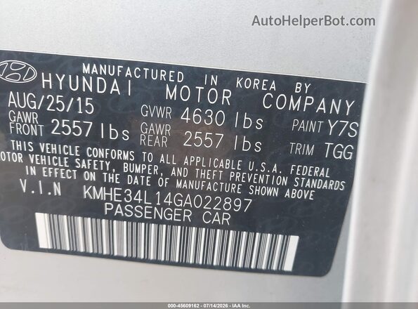KMHE34L14GA022897 2016 HYUNDAI SONATA HYBRID Silver Widok komory silnika