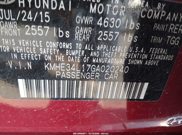 KMHE34L17GA020240 2016 HYUNDAI SONATA HYBRID Red Շարժիչի բաժամունքի տեսք