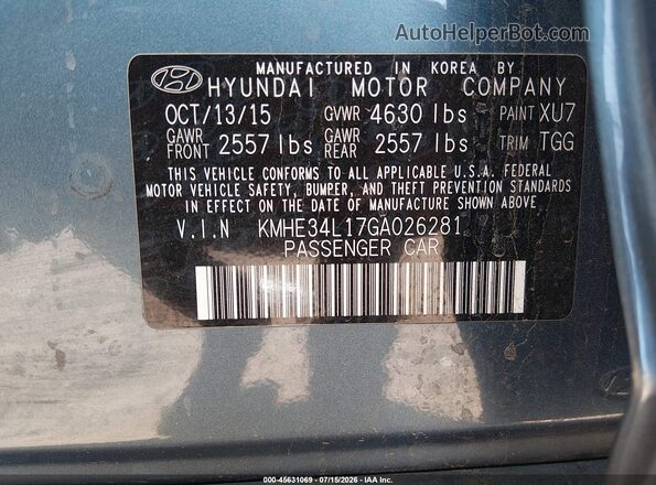KMHE34L17GA026281 2016 HYUNDAI SONATA HYBRID Blue Вид підкапотного простору