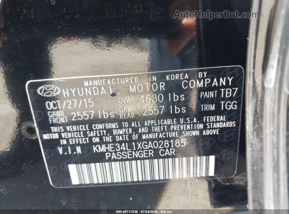 KMHE34L1XGA028185 2016 HYUNDAI SONATA HYBRID Black Вид підкапотного простору