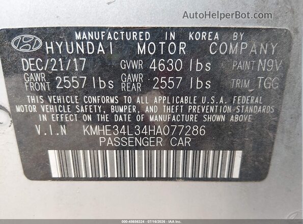 KMHE34L34HA077286 2017 HYUNDAI SONATA HYBRID Silver Engine compartment view