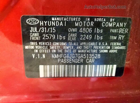 KMHFG4JG7GA513528 2016 HYUNDAI AZERA Red Вид наклейки з VIN-кодом