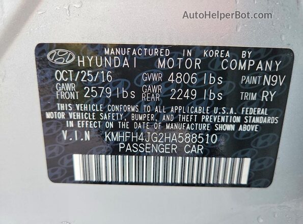 KMHFH4JG2HA588510 2017 HYUNDAI AZERA Серебряный Вид наклейки с VIN-кодом