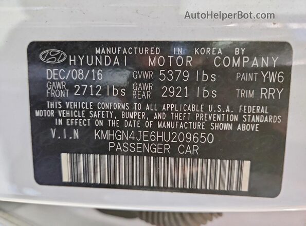 KMHGN4JE6HU209650 2017 GENESIS G80 White Widok naklejki z numerem VIN