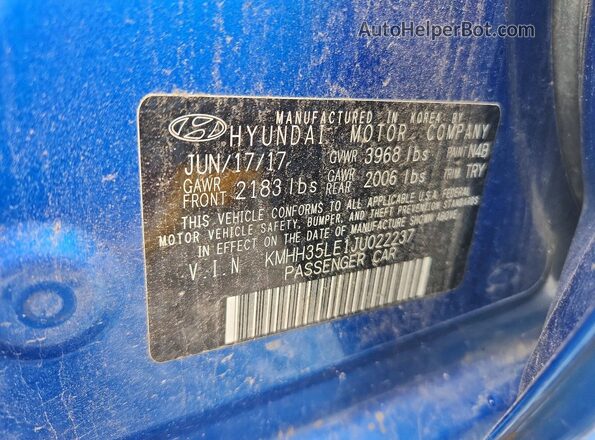 KMHH35LE1JU022237 2018 HYUNDAI ELANTRA Blue VIN კოდის სტიკერის ხედი
