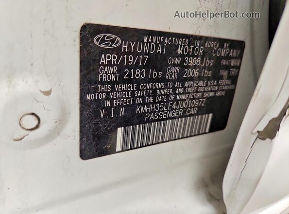 KMHH35LE4JU010972 2018 HYUNDAI ELANTRA White Вид наклейки з VIN-кодом