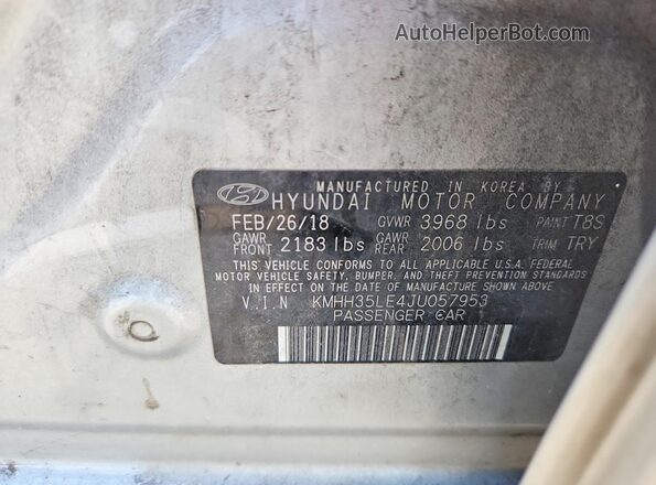 KMHH35LE4JU057953 2018 HYUNDAI ELANTRA Silver Vista de la etiqueta del VIN