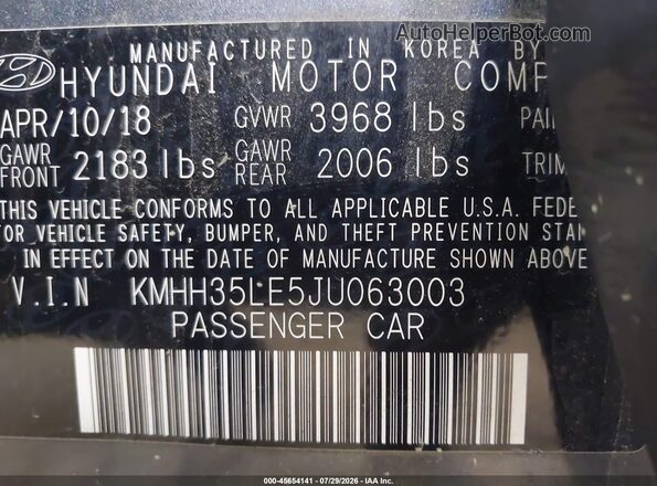 KMHH35LE5JU063003 2018 HYUNDAI ELANTRA GT Gray Widok naklejki z numerem VIN
