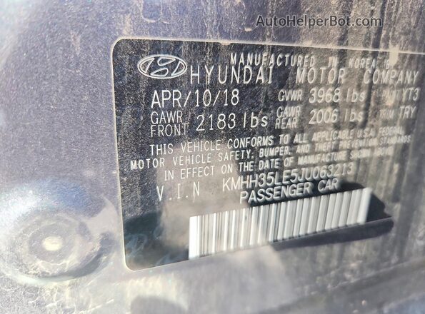 KMHH35LE5JU063213 2018 HYUNDAI ELANTRA Gray Widok naklejki z numerem VIN