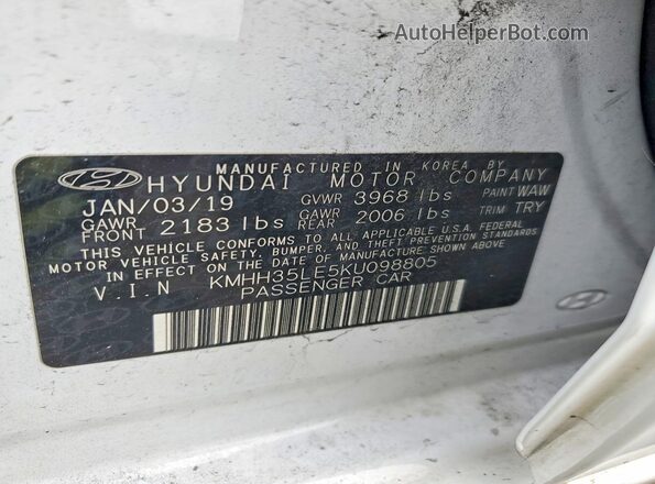 KMHH35LE5KU098805 2019 HYUNDAI ELANTRA White Vista del compartimento del motor