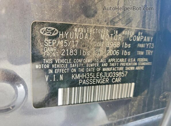 KMHH35LE6JU039857 2018 HYUNDAI ELANTRA Серый Вид наклейки с VIN-кодом