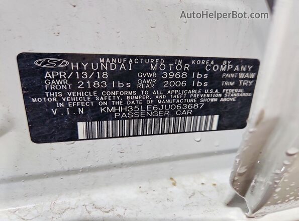 KMHH35LE6JU063687 2018 HYUNDAI ELANTRA White Widok naklejki z numerem VIN