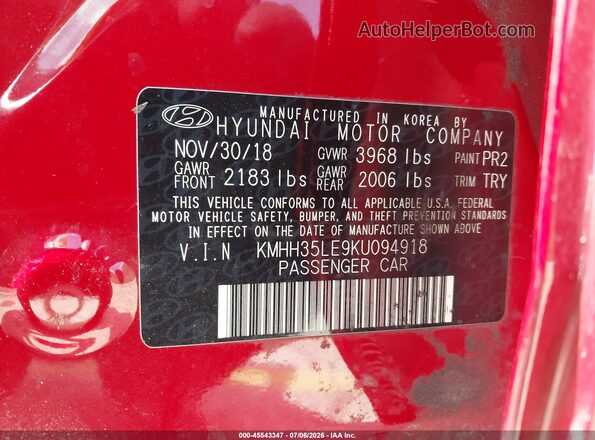 KMHH35LE9KU094918 2019 HYUNDAI ELANTRA GT Красный Вид подкапотного пространства