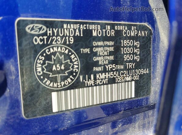 KMHH55LC2LU130944 2020 HYUNDAI ELANTRA Blue Widok komory silnika