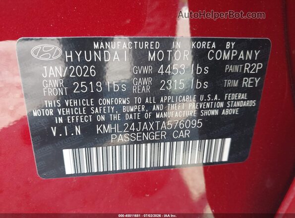 KMHL24JAXTA576095 2026 HYUNDAI SONATA Red Vista del compartimento del motor