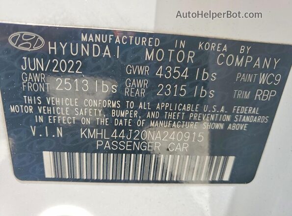 KMHL44J20NA240915 2022 HYUNDAI SONATA Белый Вид наклейки с VIN-кодом