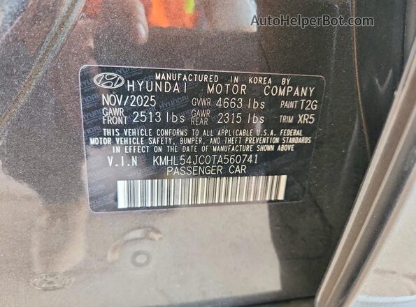 KMHL54JC0TA560741 2026 HYUNDAI SONATA Charcoal VIN კოდის სტიკერის ხედი