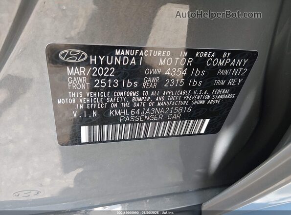 KMHL64JA3NA215816 2022 HYUNDAI SONATA Gray Vista del compartimento del motor