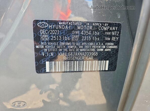 KMHL64JAXNA203968 2022 HYUNDAI SONATA Gray Widok naklejki z numerem VIN