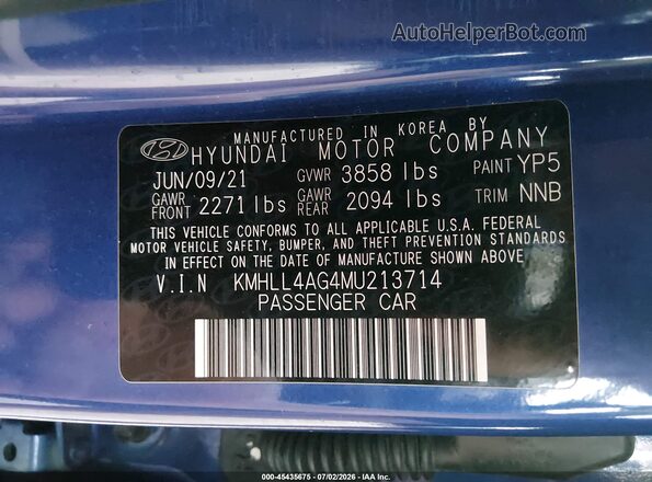 KMHLL4AG4MU213714 2021 HYUNDAI ELANTRA Blue Widok komory silnika