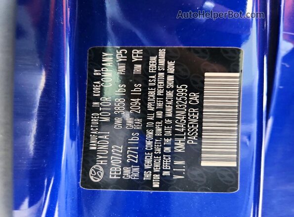 KMHLL4AG4NU325995 2022 HYUNDAI ELANTRA Blue VIN კოდის სტიკერის ხედი
