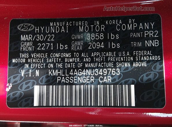 KMHLL4AG4NU349763 2022 HYUNDAI ELANTRA Red Engine compartment view