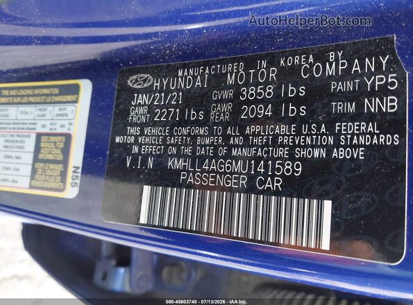 KMHLL4AG6MU141589 2021 HYUNDAI ELANTRA Blue Widok komory silnika