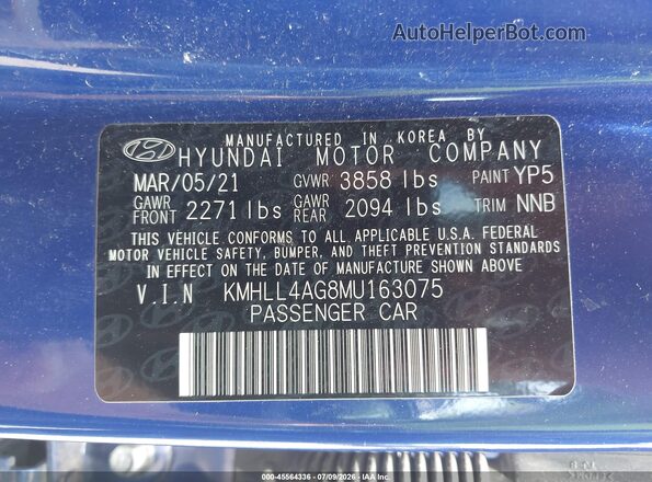 KMHLL4AG8MU163075 2021 HYUNDAI ELANTRA Blue Вид підкапотного простору