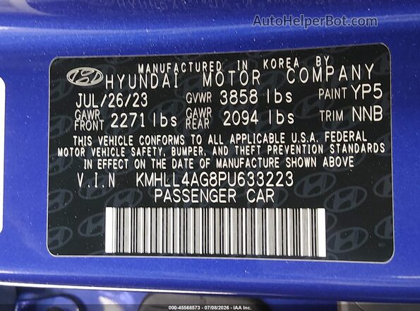 KMHLL4AG8PU633223 2023 HYUNDAI ELANTRA Blue ძრავის განყოფილების ხედი