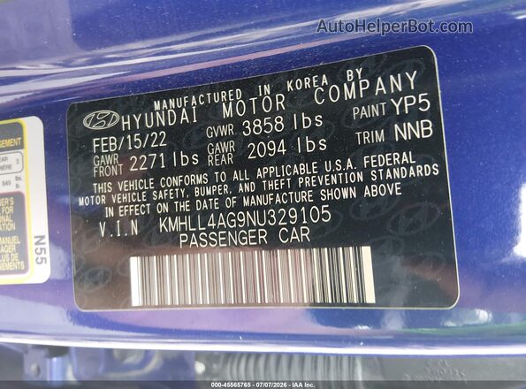 KMHLL4AG9NU329105 2022 HYUNDAI ELANTRA Blue Engine compartment view