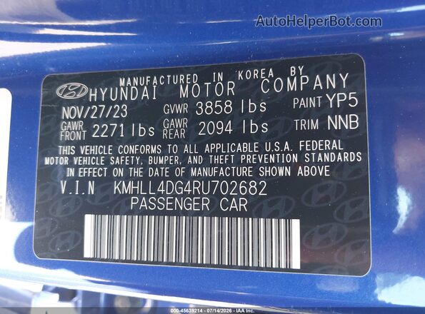 KMHLL4DG4RU702682 2024 HYUNDAI ELANTRA Синий Вид подкапотного пространства