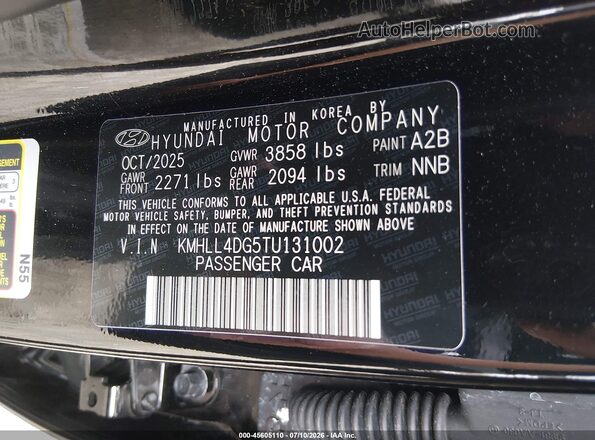 KMHLL4DG5TU131002 2026 HYUNDAI ELANTRA Black Շարժիչի բաժամունքի տեսք