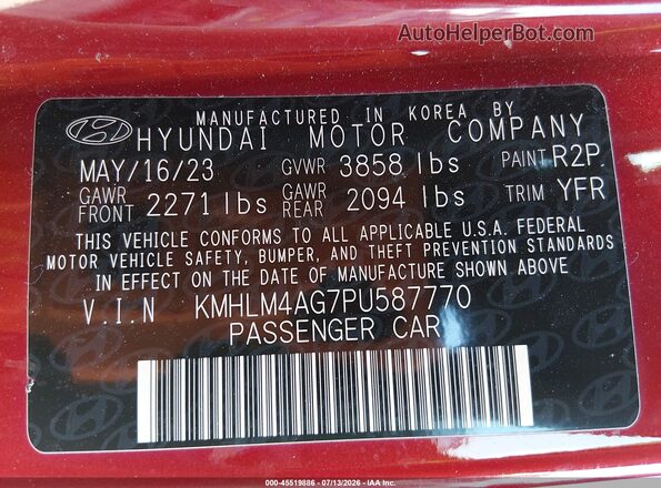 KMHLM4AG7PU587770 2023 HYUNDAI ELANTRA Red Widok komory silnika