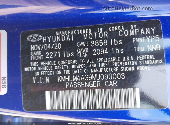KMHLM4AG9MU093003 2021 HYUNDAI ELANTRA Синий Вид подкапотного пространства
