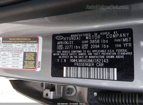 KMHLM4AGXMU182143 2021 HYUNDAI ELANTRA Silver Շարժիչի բաժամունքի տեսք