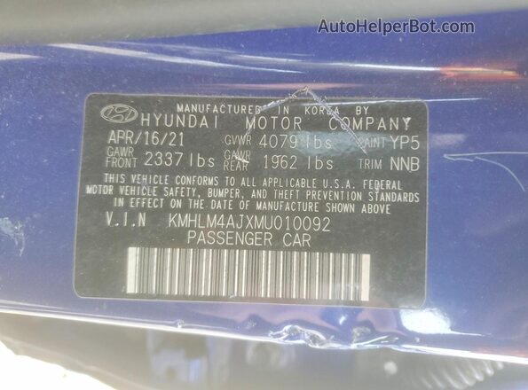 KMHLM4AJXMU010092 2021 HYUNDAI ELANTRA Blue VIN კოდის სტიკერის ხედი