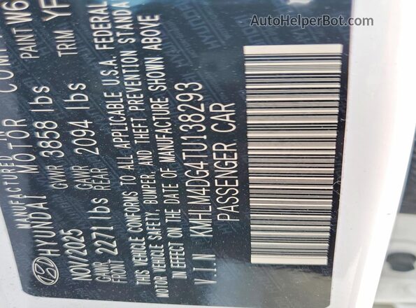 KMHLM4DG4TU138293 2026 HYUNDAI ELANTRA White Widok naklejki z numerem VIN