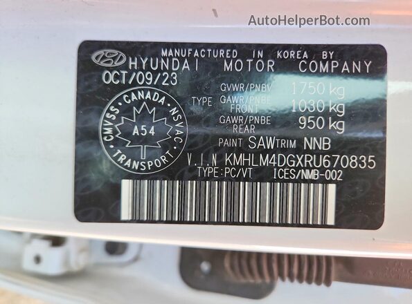 KMHLM4DGXRU670835 2024 HYUNDAI ELANTRA White Widok naklejki z numerem VIN