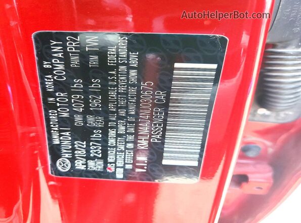 KMHLN4AJ4NU030675 2022 HYUNDAI ELANTRA Red Widok naklejki z numerem VIN
