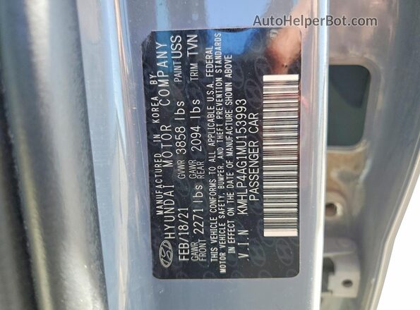 KMHLP4AG1MU153993 2021 HYUNDAI ELANTRA Gray VIN կոդի պիտակի տեսք